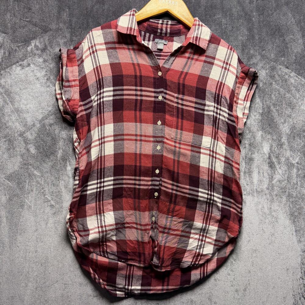 Aerie Button Up Shirt Womens XS Red Relaxed Woven Plaid Summer Casual